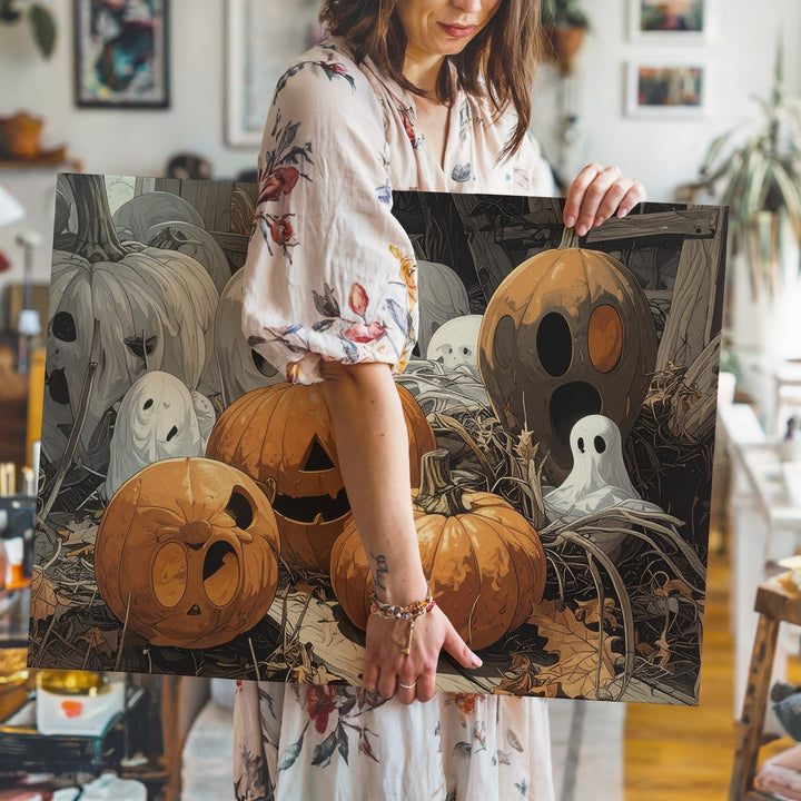 Playful Pumpkin Ghosts Canvas – Whimsical Halloween Indoor Art - Gifitto