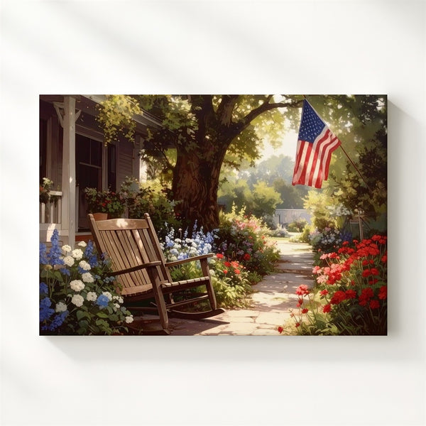 Shaded Garden & Rocking Chair Canvas – Nostalgic Patriotic Backyard Wall Art - Gifitto