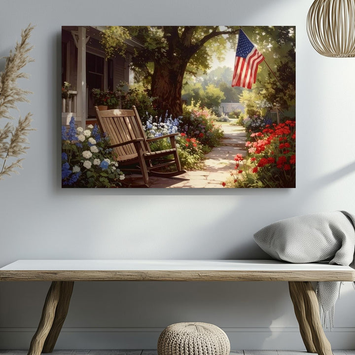 Shaded Garden & Rocking Chair Canvas – Nostalgic Patriotic Backyard Wall Art - Gifitto