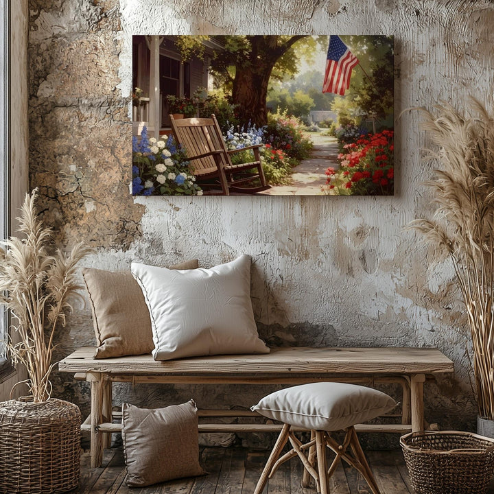 Shaded Garden & Rocking Chair Canvas – Nostalgic Patriotic Backyard Wall Art - Gifitto