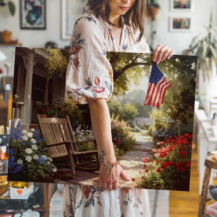 Shaded Garden & Rocking Chair Canvas – Nostalgic Patriotic Backyard Wall Art - Gifitto