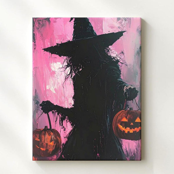 Shadow Witch & Lantern Canvas – Moody Pink Halloween Darkness Art - Gifitto