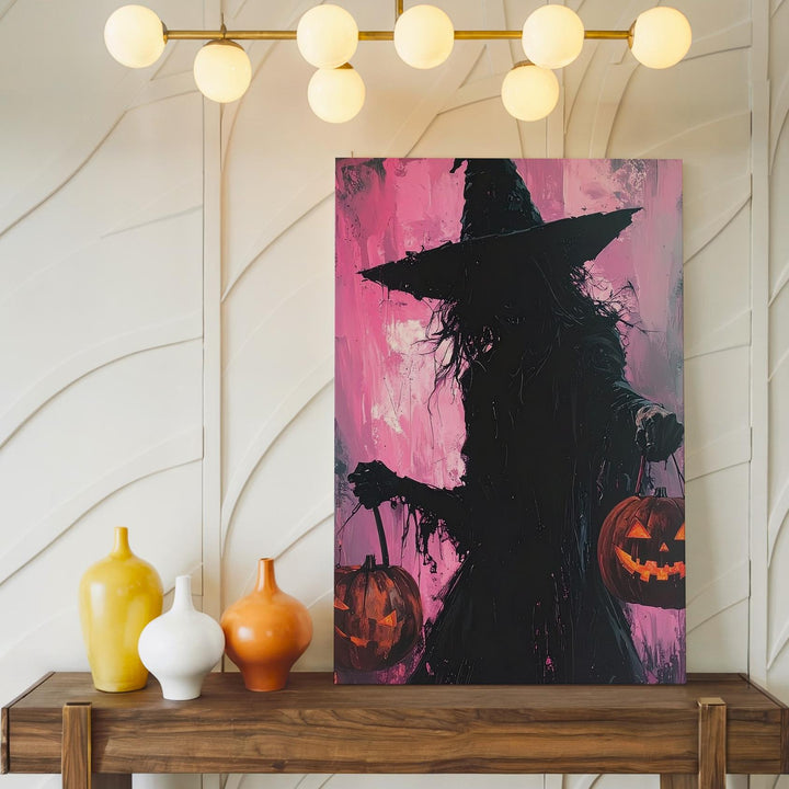Shadow Witch & Lantern Canvas – Moody Pink Halloween Darkness Art - Gifitto