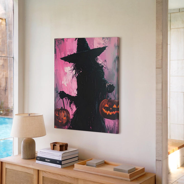 Shadow Witch & Lantern Canvas – Moody Pink Halloween Darkness Art - Gifitto