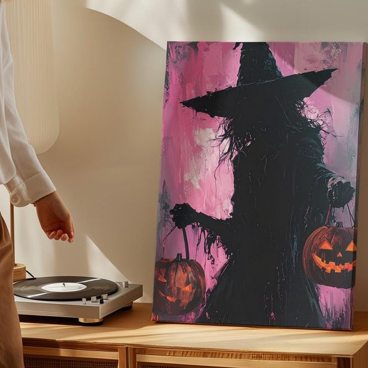 Shadow Witch & Lantern Canvas – Moody Pink Halloween Darkness Art - Gifitto