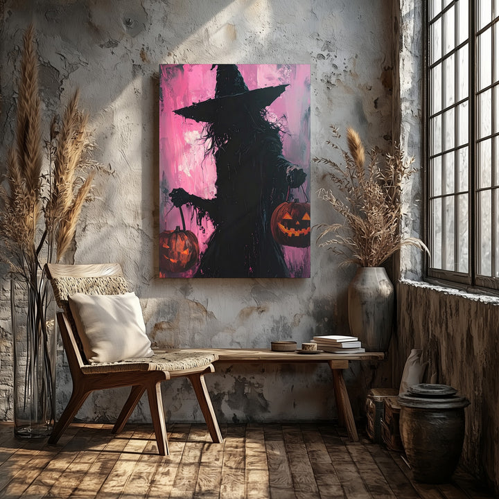 Shadow Witch & Lantern Canvas – Moody Pink Halloween Darkness Art - Gifitto
