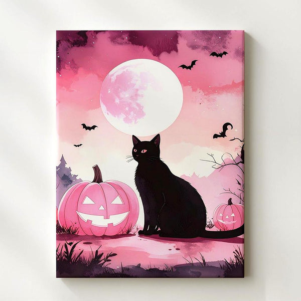 Black Cat & Pink Pumpkins Canvas – Minimal Whimsical Halloween Moon Art - Gifitto