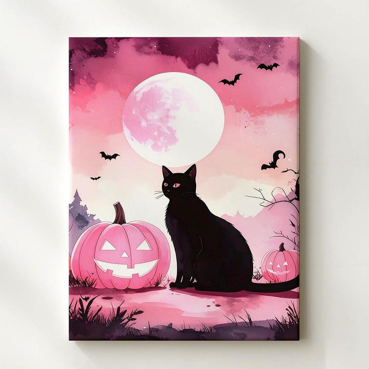 Black Cat & Pink Pumpkins Canvas – Minimal Whimsical Halloween Moon Art - Gifitto