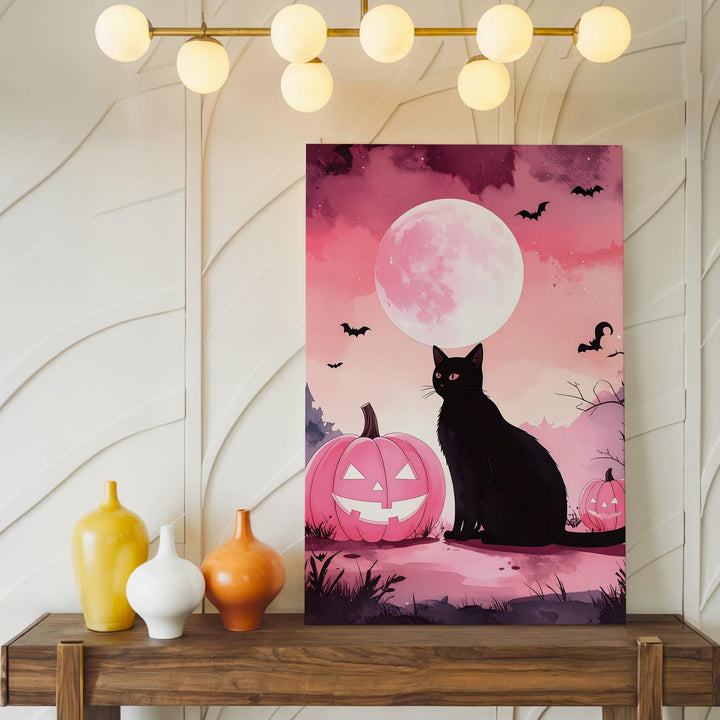 Black Cat & Pink Pumpkins Canvas – Minimal Whimsical Halloween Moon Art - Gifitto