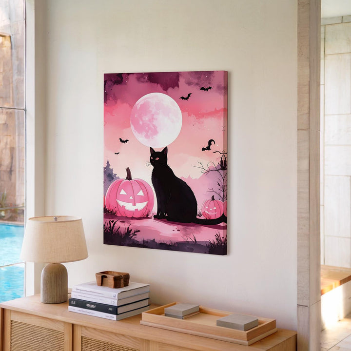 Black Cat & Pink Pumpkins Canvas – Minimal Whimsical Halloween Moon Art - Gifitto