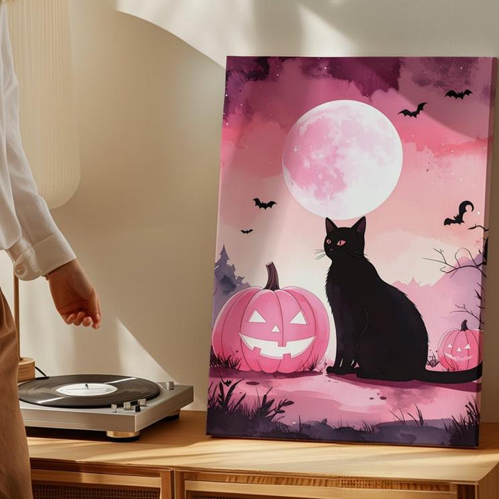 Black Cat & Pink Pumpkins Canvas – Minimal Whimsical Halloween Moon Art - Gifitto