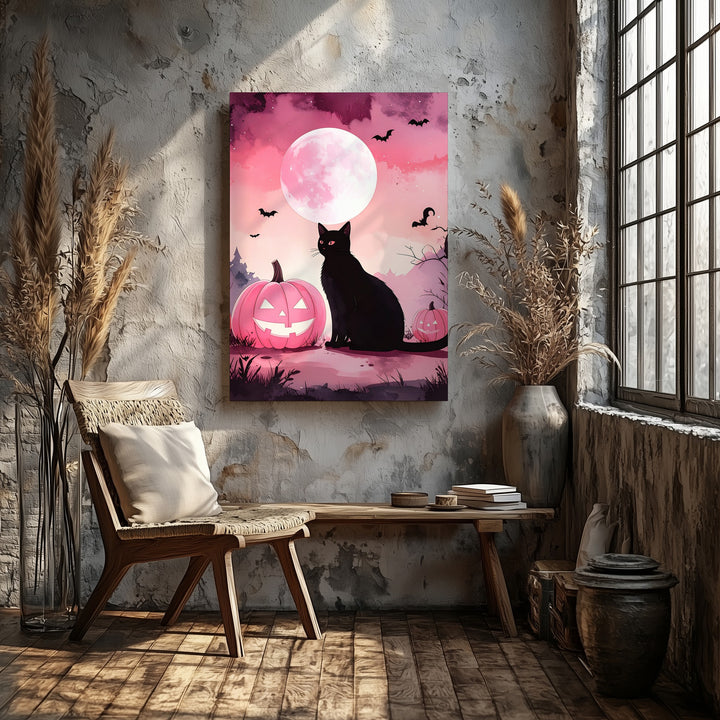 Black Cat & Pink Pumpkins Canvas – Minimal Whimsical Halloween Moon Art - Gifitto