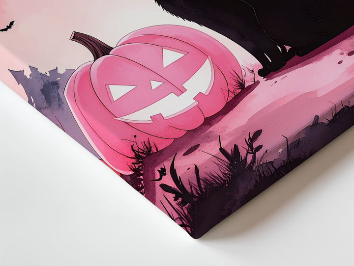 Black Cat & Pink Pumpkins Canvas – Minimal Whimsical Halloween Moon Art - Gifitto