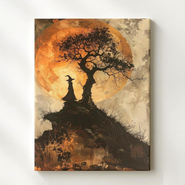 Lone Witch on Hill Canvas – Mystical Sepia Halloween Folklore Art - Gifitto