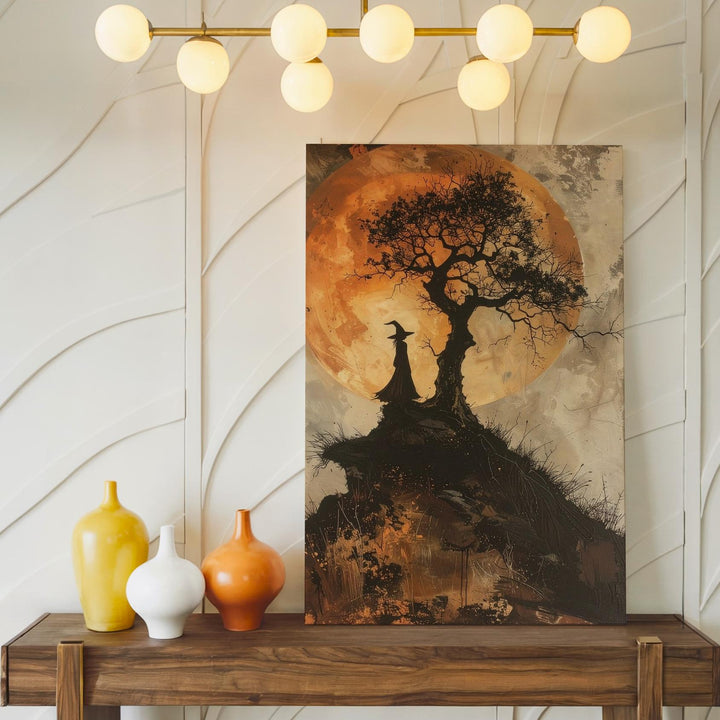 Lone Witch on Hill Canvas – Mystical Sepia Halloween Folklore Art - Gifitto