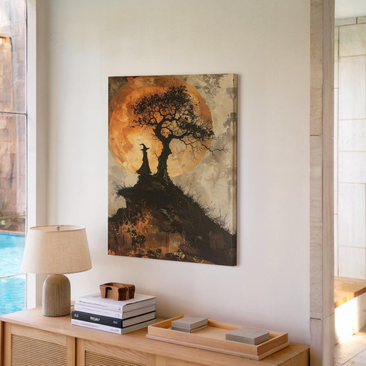 Lone Witch on Hill Canvas – Mystical Sepia Halloween Folklore Art - Gifitto