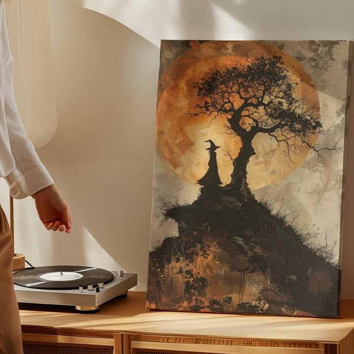 Lone Witch on Hill Canvas – Mystical Sepia Halloween Folklore Art - Gifitto