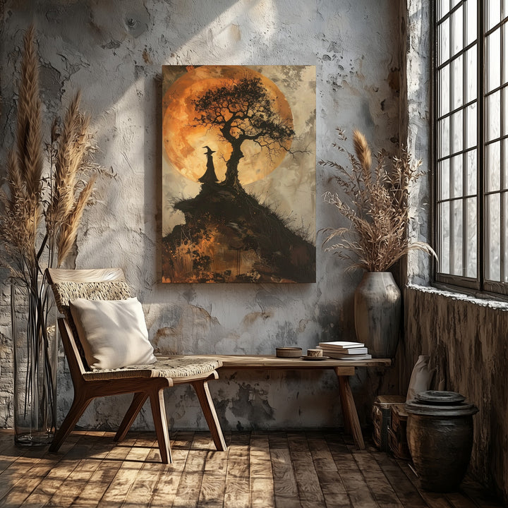 Lone Witch on Hill Canvas – Mystical Sepia Halloween Folklore Art - Gifitto