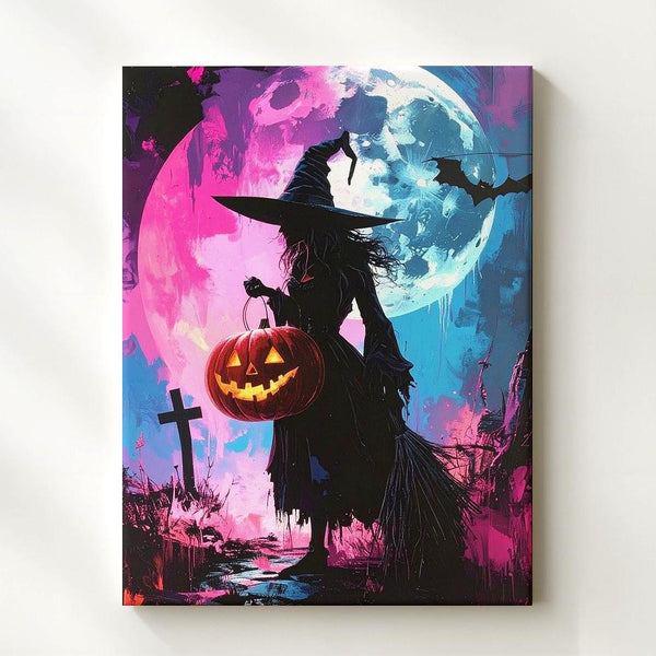 Witch & Lantern Silhouette Canvas – Bold Pink & Blue Halloween Art - Gifitto