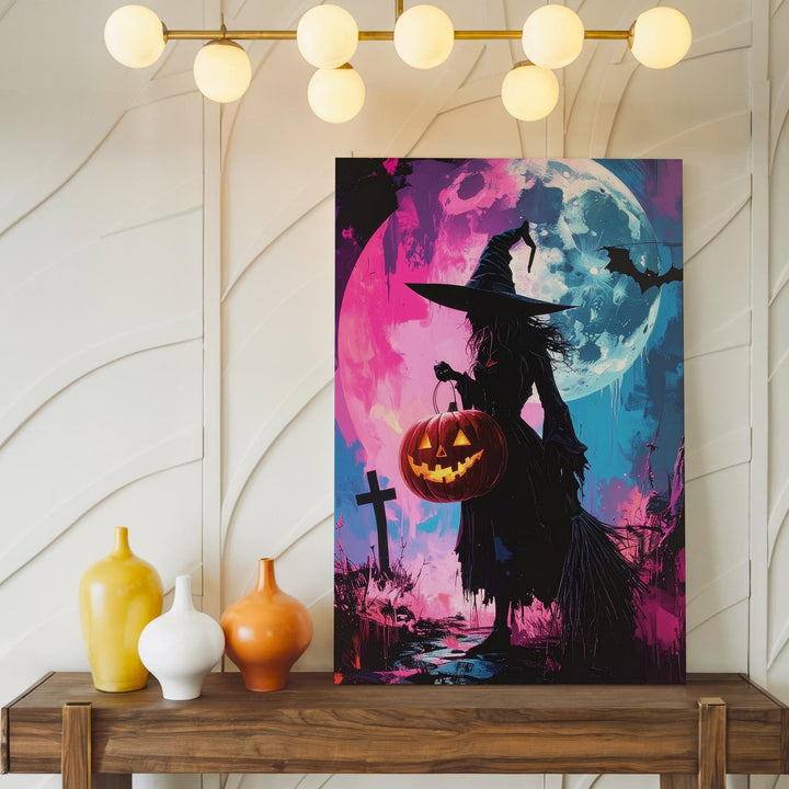 Witch & Lantern Silhouette Canvas – Bold Pink & Blue Halloween Art - Gifitto