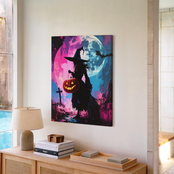 Witch & Lantern Silhouette Canvas – Bold Pink & Blue Halloween Art - Gifitto