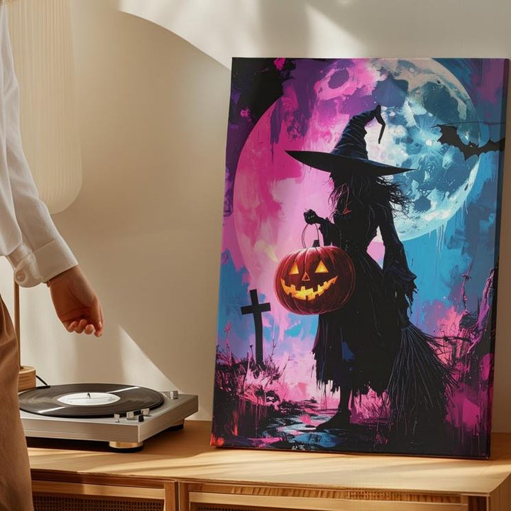 Witch & Lantern Silhouette Canvas – Bold Pink & Blue Halloween Art - Gifitto