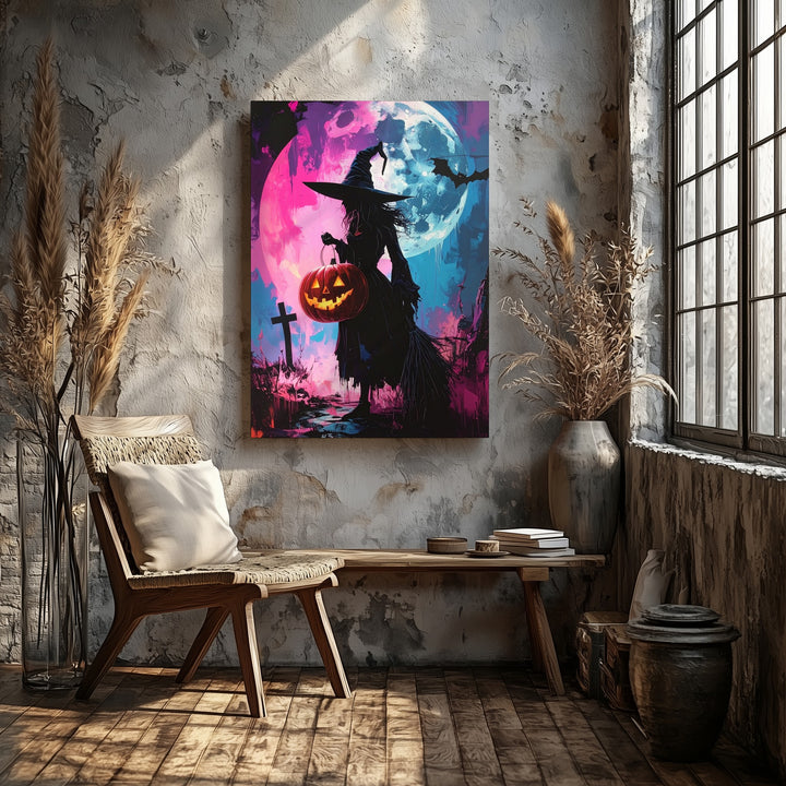 Witch & Lantern Silhouette Canvas – Bold Pink & Blue Halloween Art - Gifitto