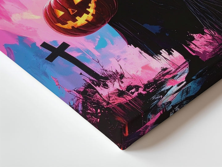 Witch & Lantern Silhouette Canvas – Bold Pink & Blue Halloween Art - Gifitto