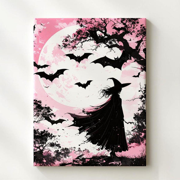 Minimalist Witch & Bats Canvas – Expressive Pastel Halloween Wall Art - Gifitto