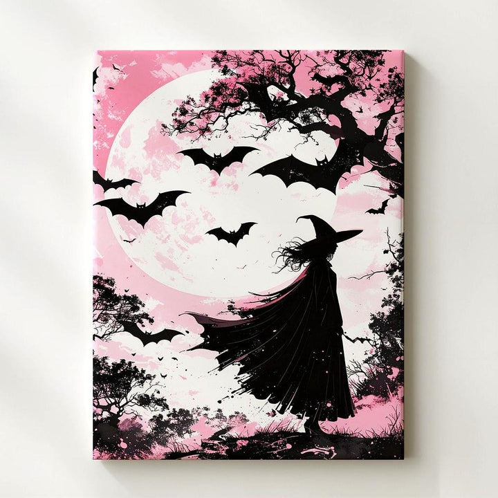 Minimalist Witch & Bats Canvas – Expressive Pastel Halloween Wall Art - Gifitto