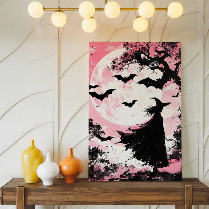 Minimalist Witch & Bats Canvas – Expressive Pastel Halloween Wall Art - Gifitto
