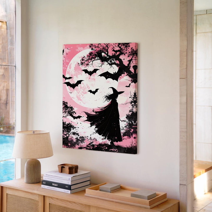 Minimalist Witch & Bats Canvas – Expressive Pastel Halloween Wall Art - Gifitto