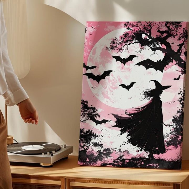 Minimalist Witch & Bats Canvas – Expressive Pastel Halloween Wall Art - Gifitto