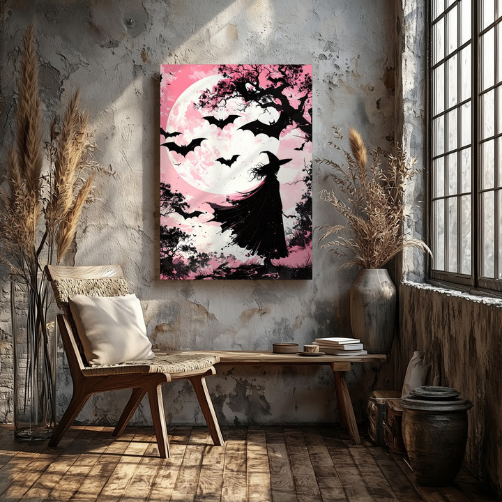 Minimalist Witch & Bats Canvas – Expressive Pastel Halloween Wall Art - Gifitto