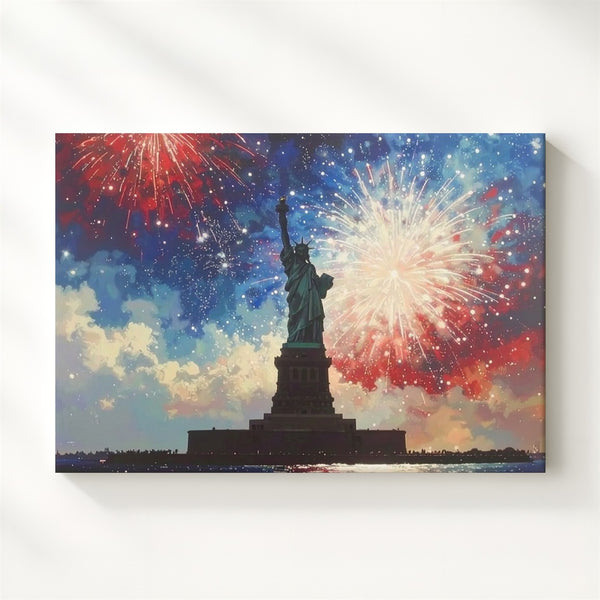 Statue of Liberty & Fireworks Canvas – Patriotic Celebration Silhouette Wall Art - Gifitto