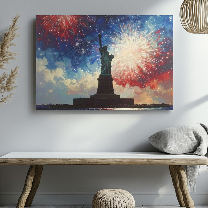 Statue of Liberty & Fireworks Canvas – Patriotic Celebration Silhouette Wall Art - Gifitto