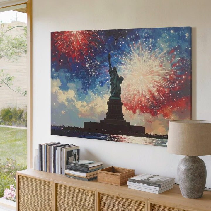 Statue of Liberty & Fireworks Canvas – Patriotic Celebration Silhouette Wall Art - Gifitto