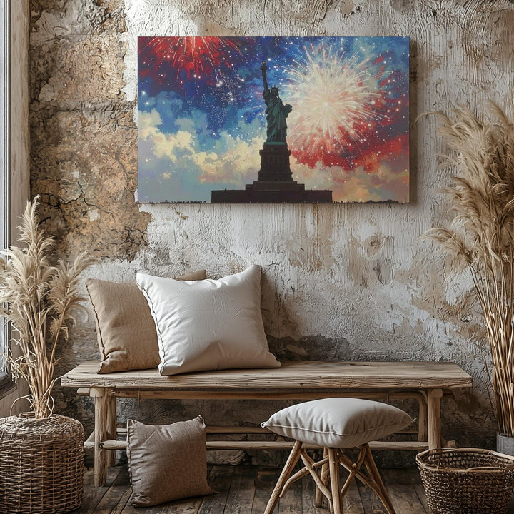Statue of Liberty & Fireworks Canvas – Patriotic Celebration Silhouette Wall Art - Gifitto