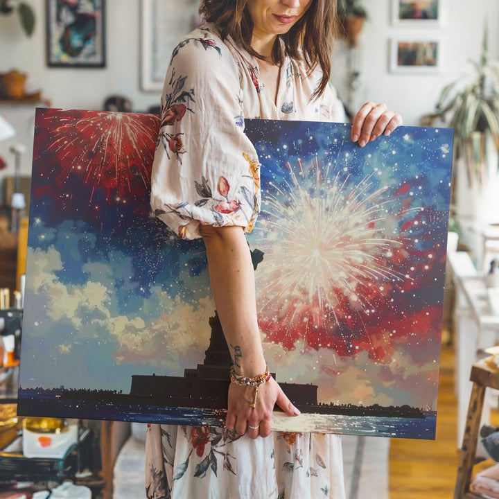 Statue of Liberty & Fireworks Canvas – Patriotic Celebration Silhouette Wall Art - Gifitto