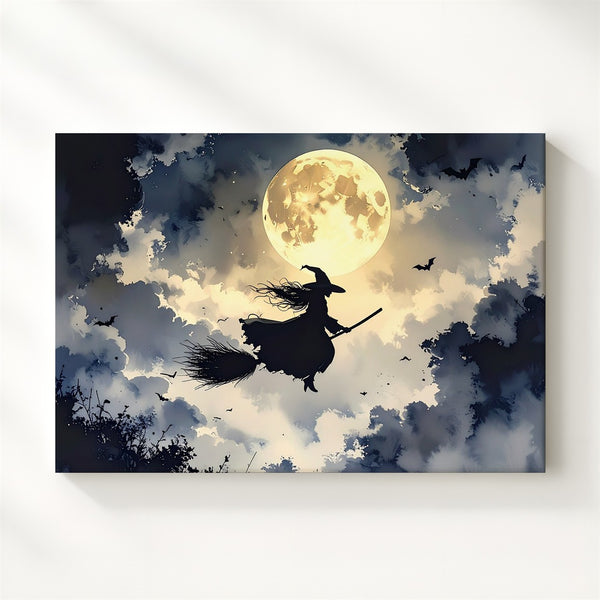 Moonlit Witch Flight Canvas – Classic Halloween Silhouette with Bats and Glow - Gifitto