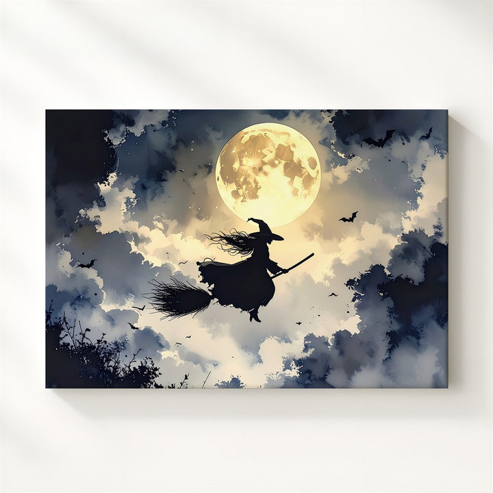 Moonlit Witch Flight Canvas – Classic Halloween Silhouette with Bats and Glow - Gifitto