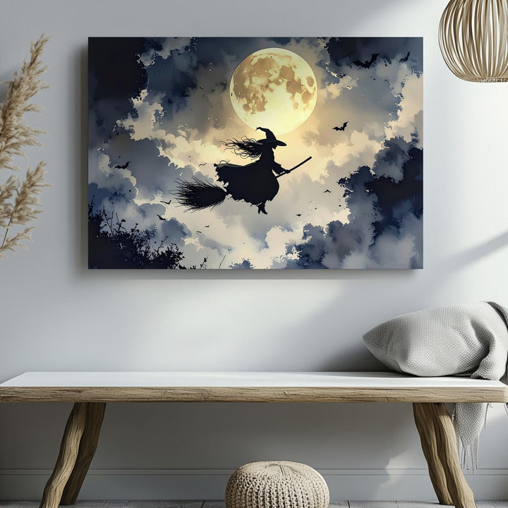 Moonlit Witch Flight Canvas – Classic Halloween Silhouette with Bats and Glow - Gifitto