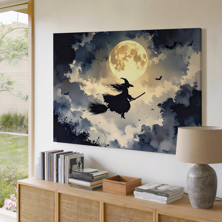 Moonlit Witch Flight Canvas – Classic Halloween Silhouette with Bats and Glow - Gifitto