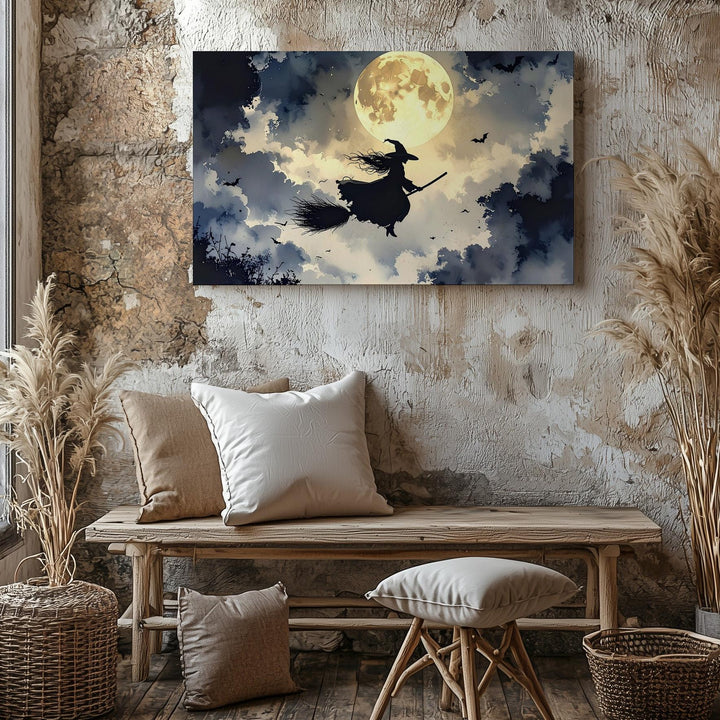 Moonlit Witch Flight Canvas – Classic Halloween Silhouette with Bats and Glow - Gifitto