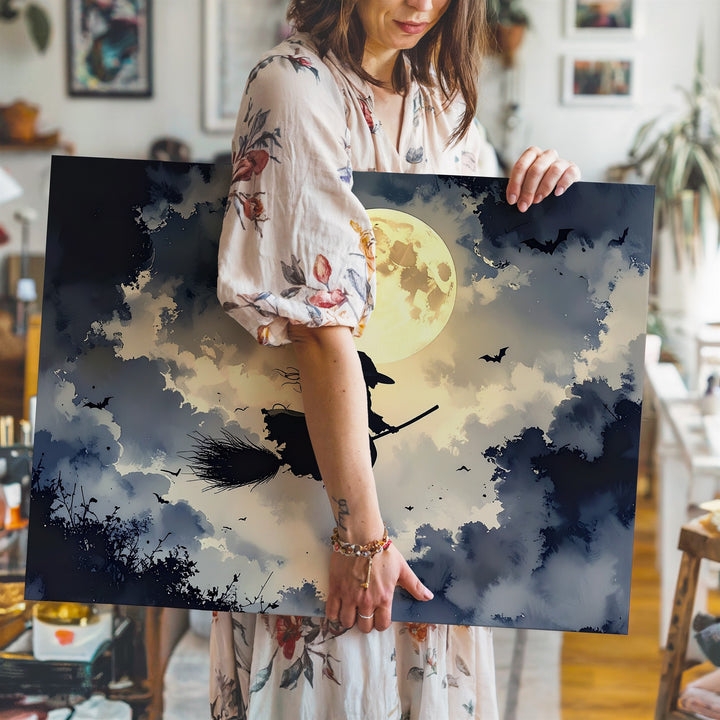 Moonlit Witch Flight Canvas – Classic Halloween Silhouette with Bats and Glow - Gifitto
