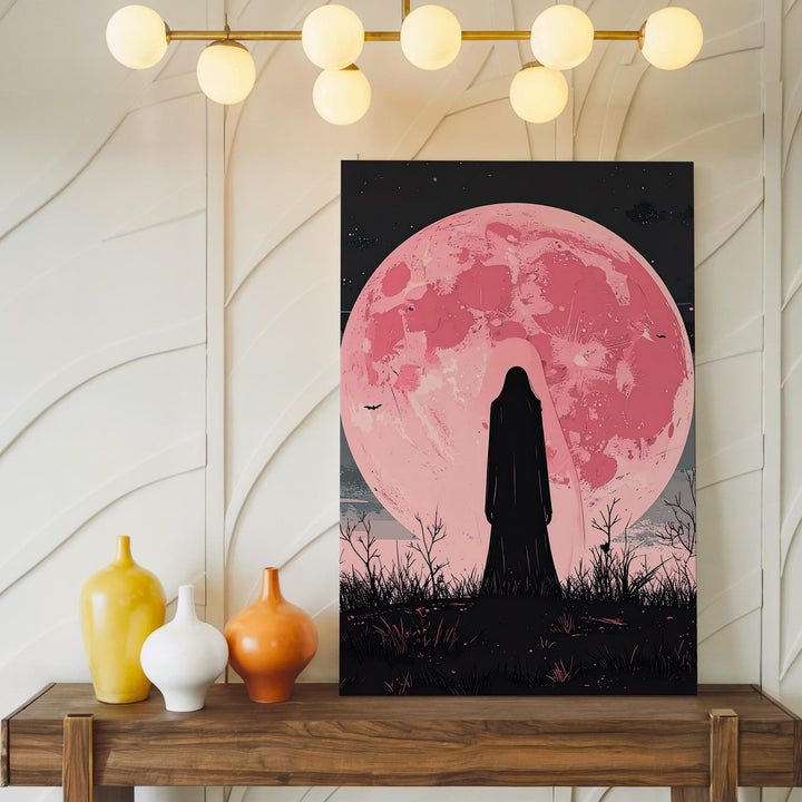 Pink Moon Ghost Silhouette Canvas – Minimalist Supernatural Wall Art - Gifitto