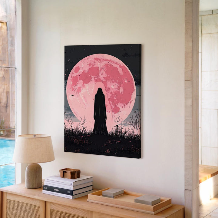 Pink Moon Ghost Silhouette Canvas – Minimalist Supernatural Wall Art - Gifitto