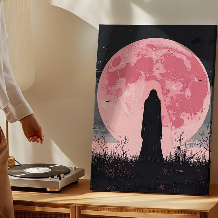 Pink Moon Ghost Silhouette Canvas – Minimalist Supernatural Wall Art - Gifitto