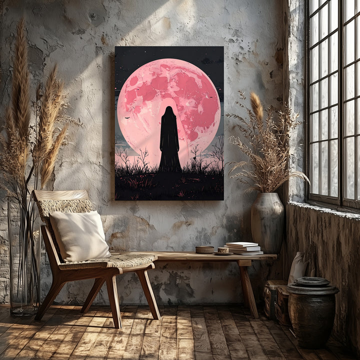 Pink Moon Ghost Silhouette Canvas – Minimalist Supernatural Wall Art - Gifitto