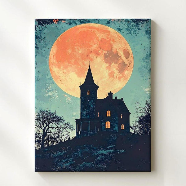 Minimalist Haunted Mansion Canvas – Burnt-Orange Moon & Teal Sky Halloween Art - Gifitto